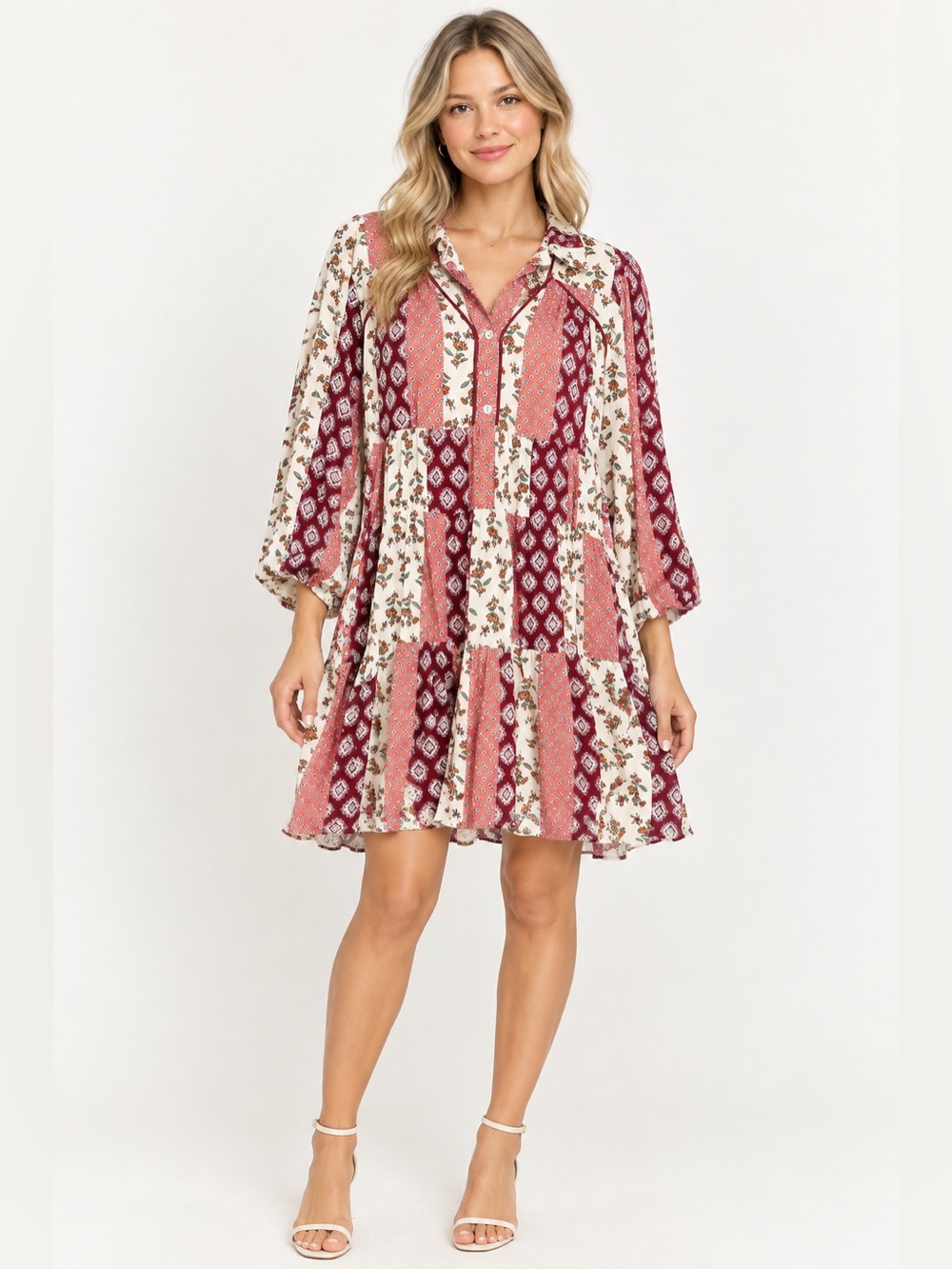 Umgee Boho Peasant Patchwork Tiered Long Sleeve Dress Sangria Mixed Print XL